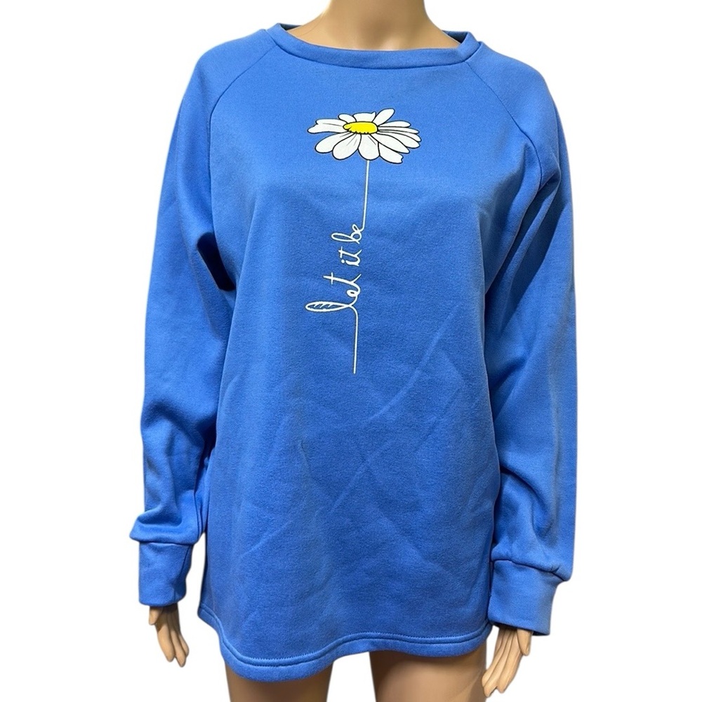 Misslook Floral Daisy Let it be Cozy Cotton Blend Sweatshirt Blue Womens XL